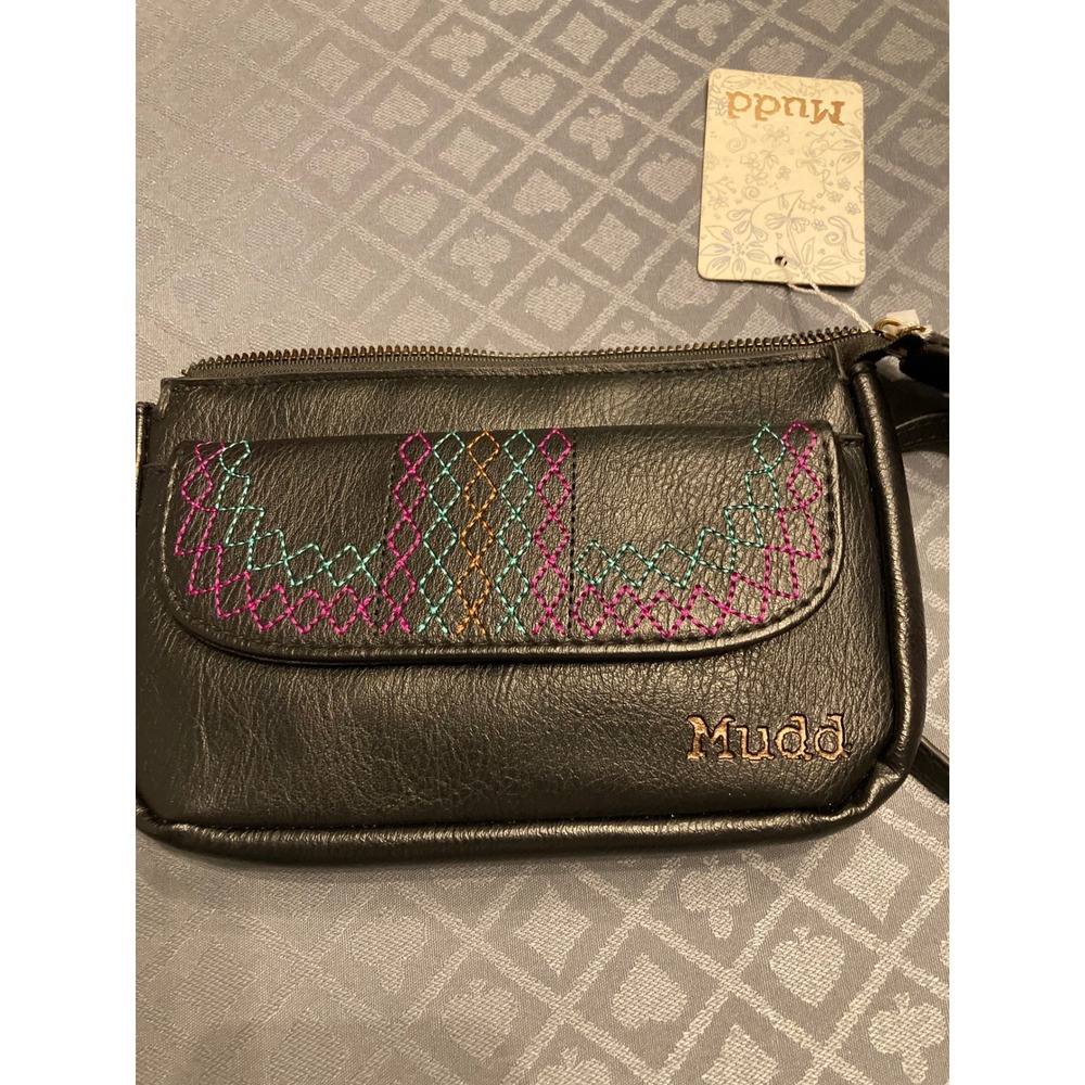 Mudd Black Faux Leather Embroidered Crossbody Bag Small Wristlet NWT
